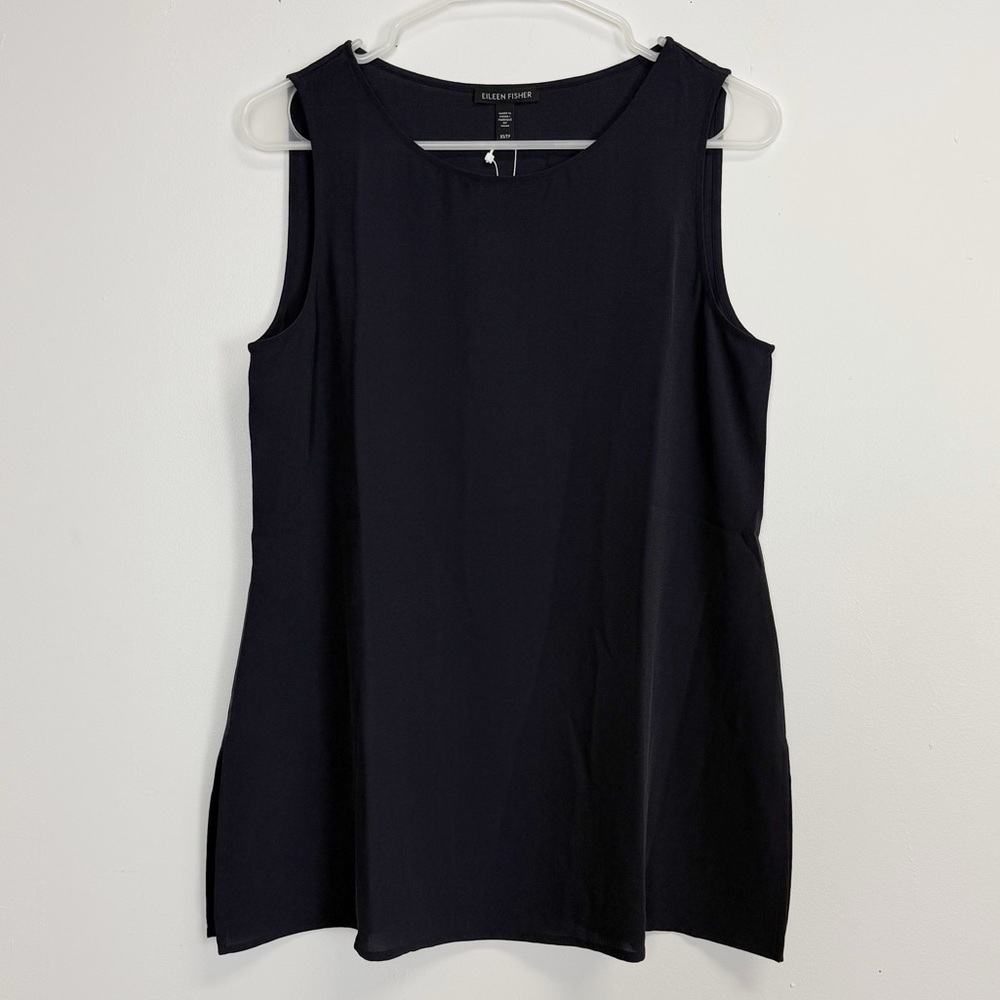 Eileen Fisher Ballet Neck Silk Tunic Womens XS Navy Blue Sleeveless Blouse NWT